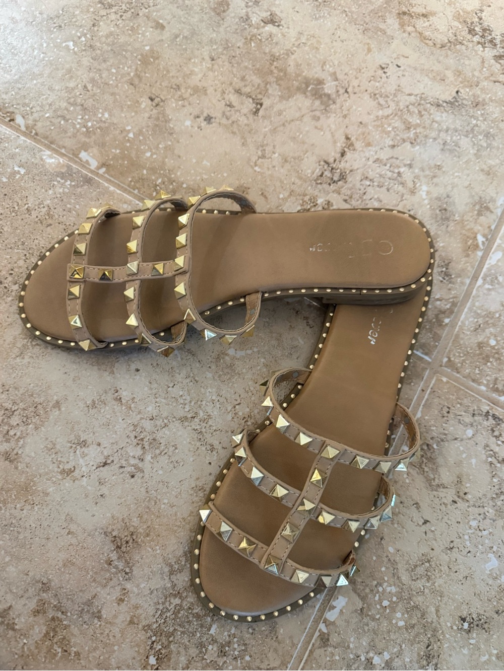 Gold-Studded Tan Slide Sandals — Women's Slip-On Sandals